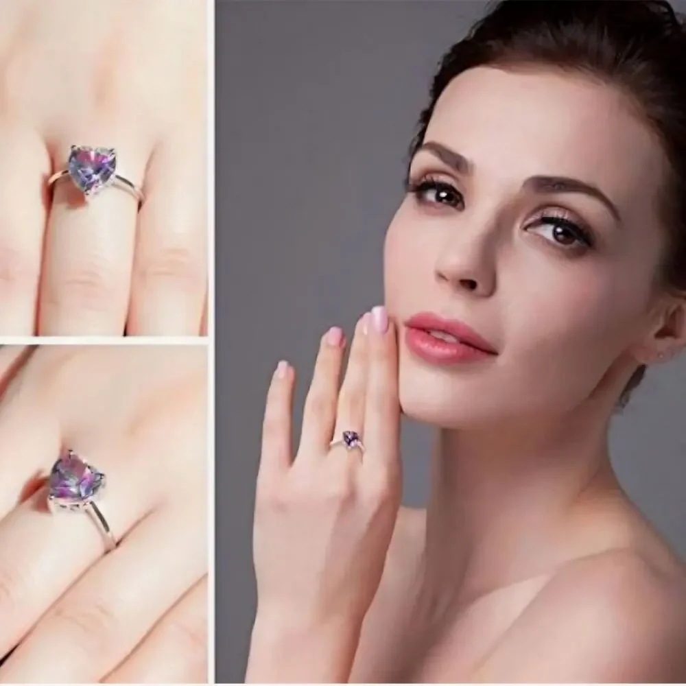 925 Sterling Silver Heart Rainbow Crystal Ring Size 9 Platinum Plated New